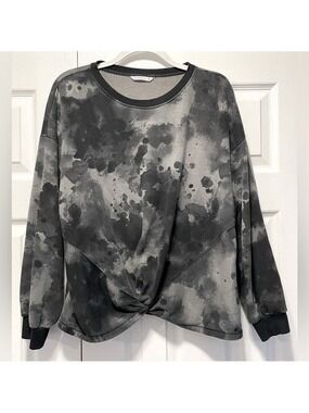 Shambhala Black Grey Tie-Dye Twist Front Pullover Sweater top XL Long Sleeves